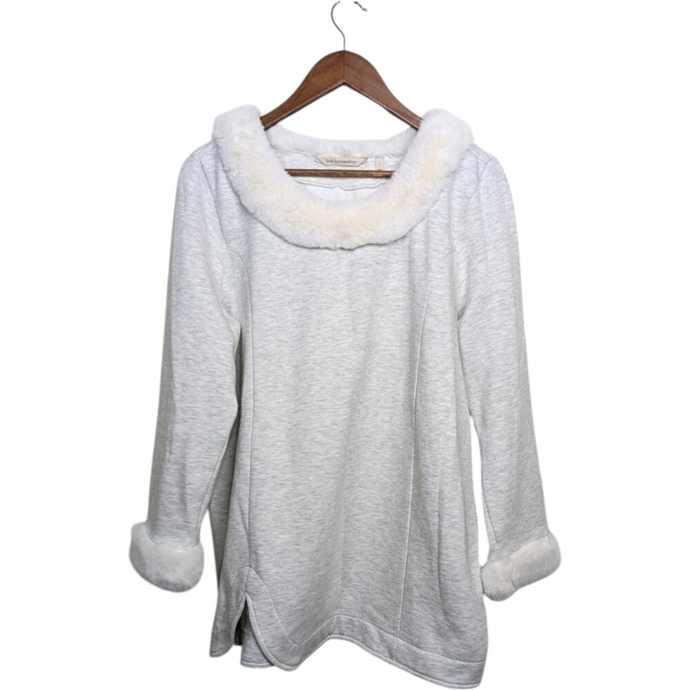 Soft Surroundings Apres Ski Sweater Top Large Flannel Knit Faux Fur Trim Cozy Wi